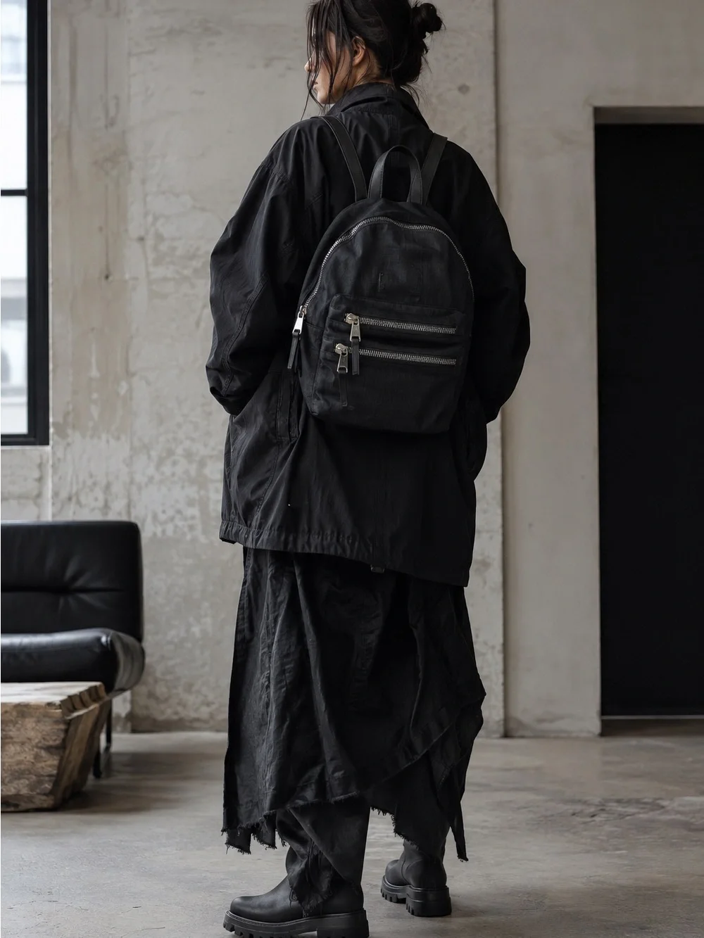 Adrienne Vittadini Black Backpack Silver Zip Burgundy Lined